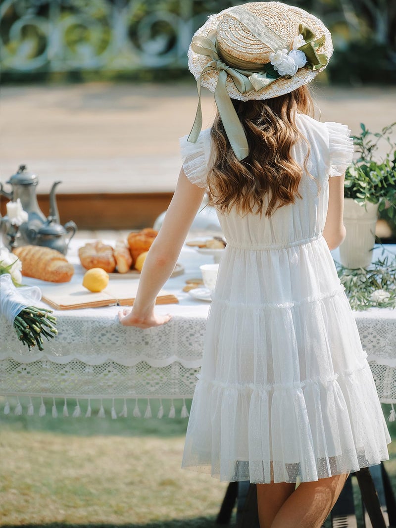 Quedoris Girls Tulle Layered Dress Elastic Neck and Waist Ruffle Dress White 140Y - Image 5