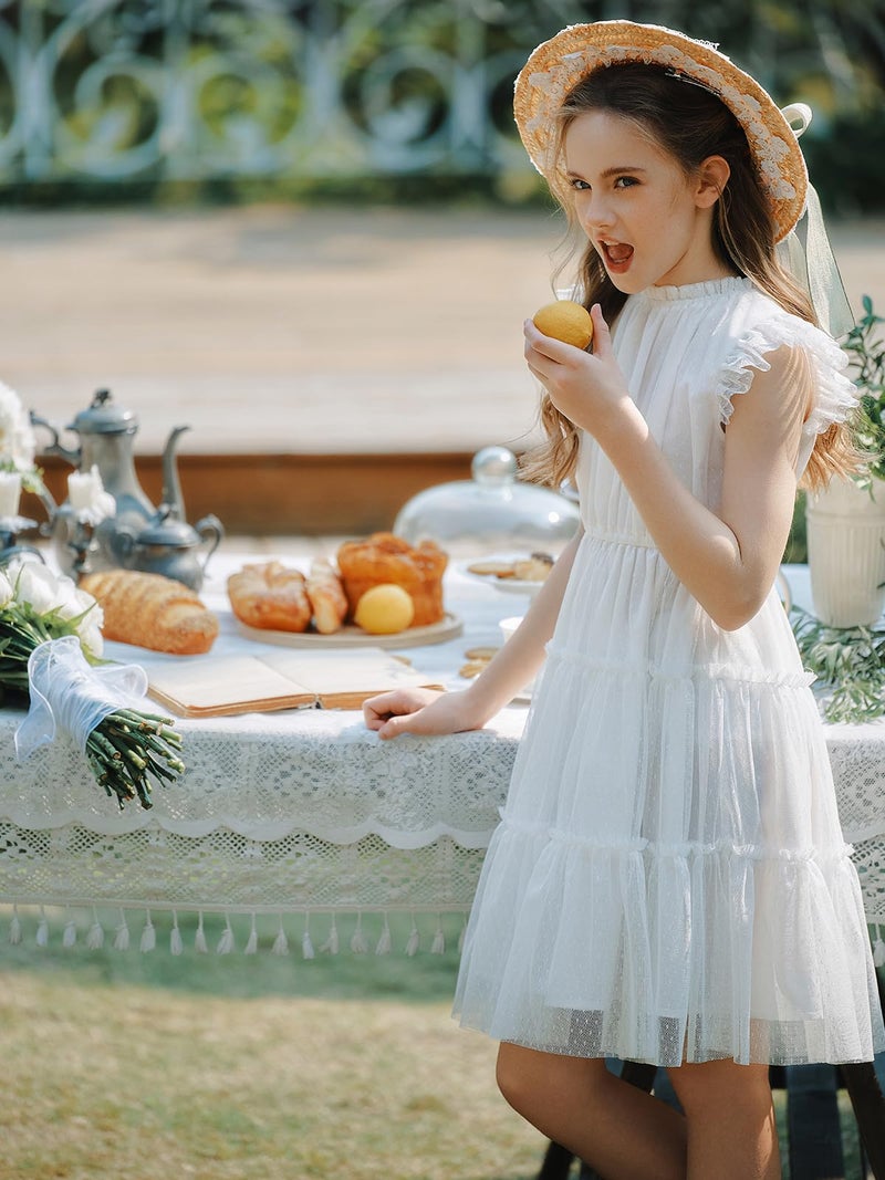 Quedoris Girls Tulle Layered Dress Elastic Neck and Waist Ruffle Dress White 140Y - Image 4