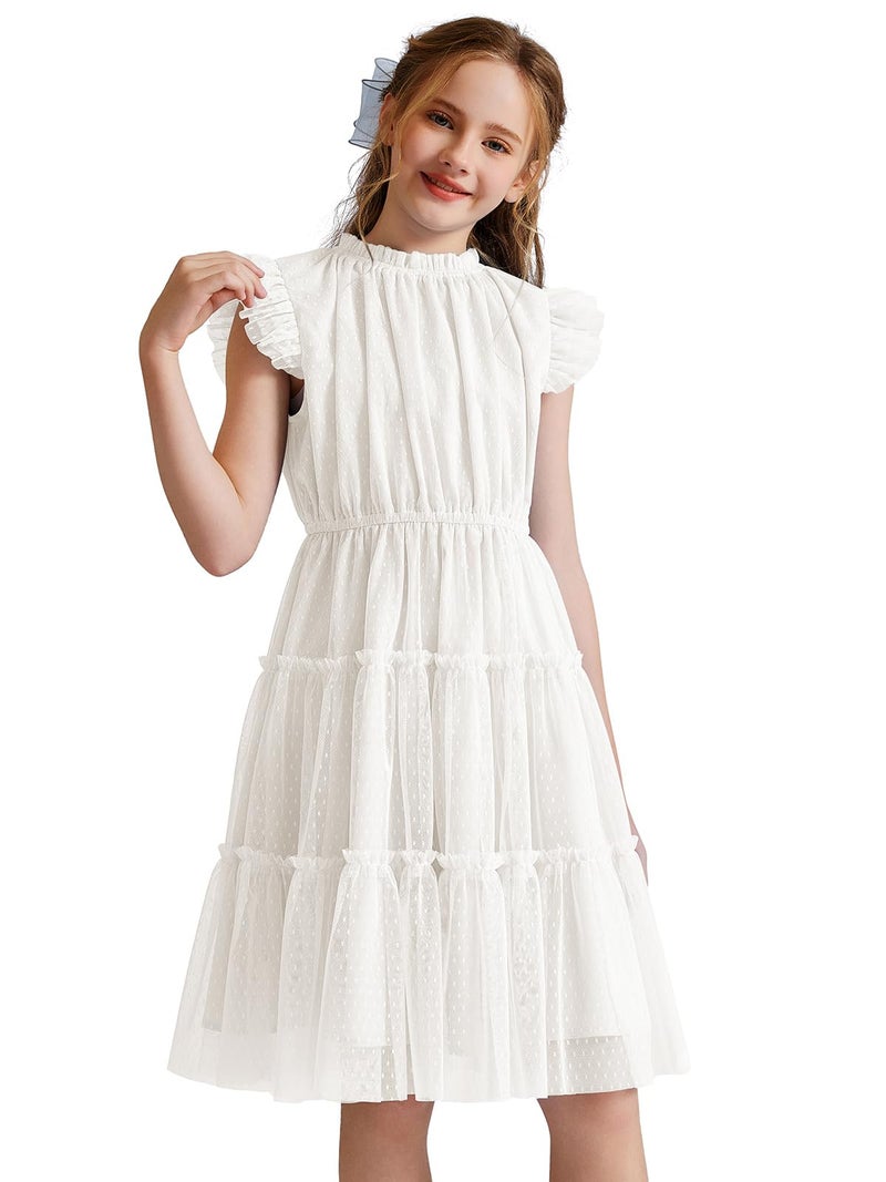 Quedoris Girls Tulle Layered Dress Elastic Neck and Waist Ruffle Dress White 140Y - Image 1