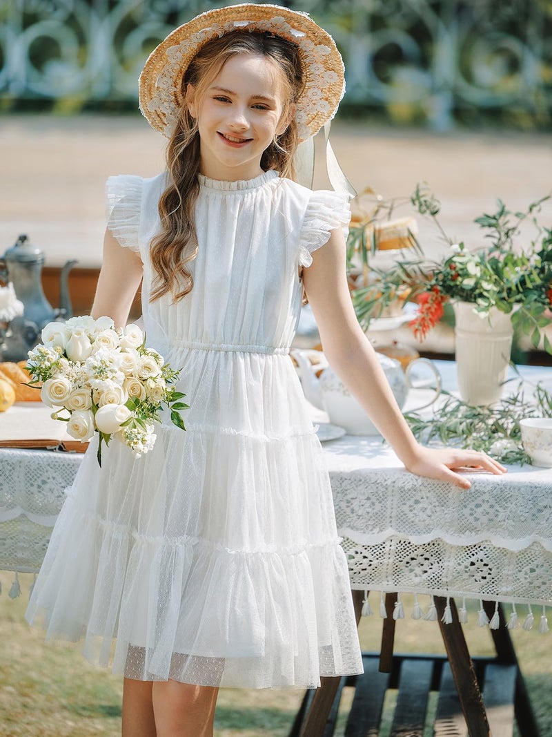 Quedoris Girls Tulle Layered Dress Elastic Neck and Waist Ruffle Dress White 140Y - Image 3