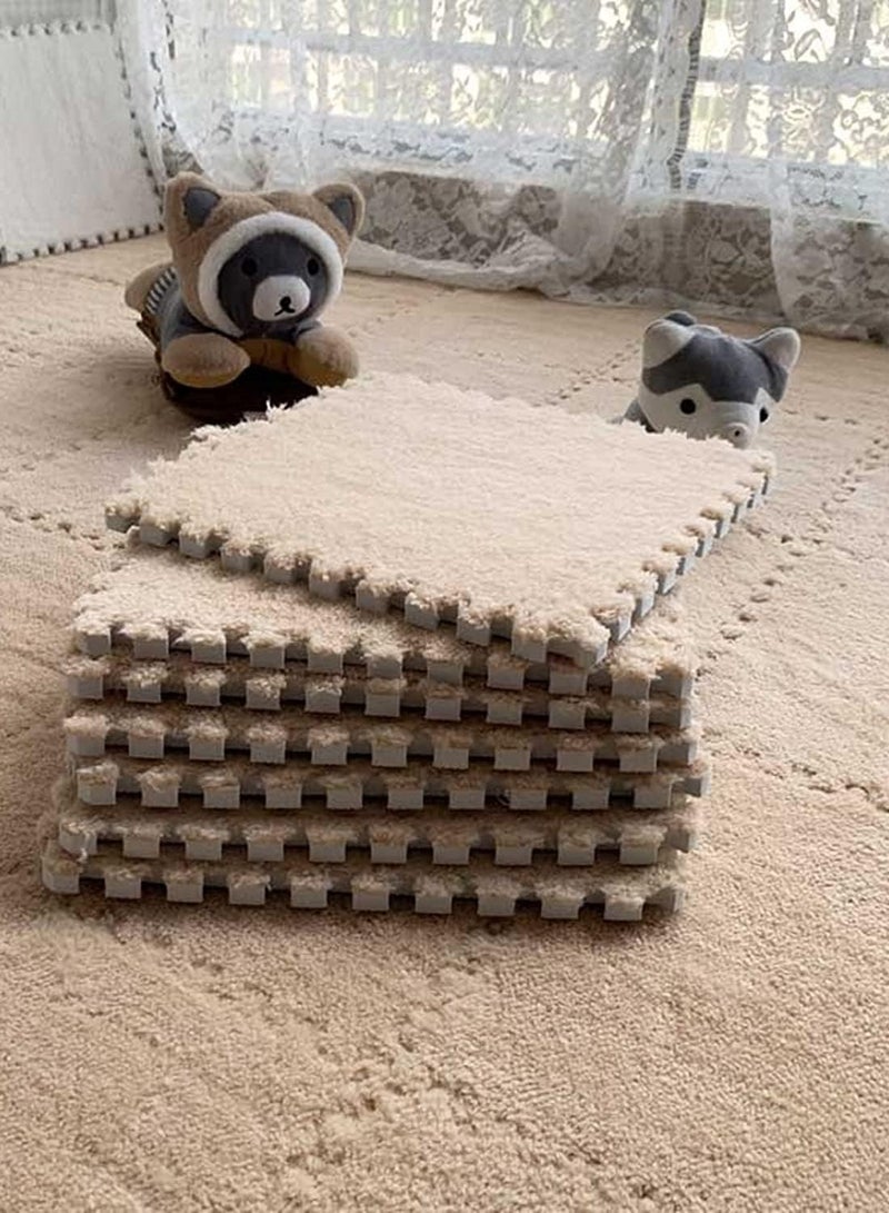 XVersion 12 Pcs Plush Puzzle Foam Floor Mat,Interlocking Foam Mat Floor Tiles,Comfort Foam Padding,Soft Plush,Non-Slip,Easy to Clean,30x30x1cm for Home Decor/Playroom/Bedroom/Gym (6 Pcs White+ 6 Pcs Light Brown) - Image 1