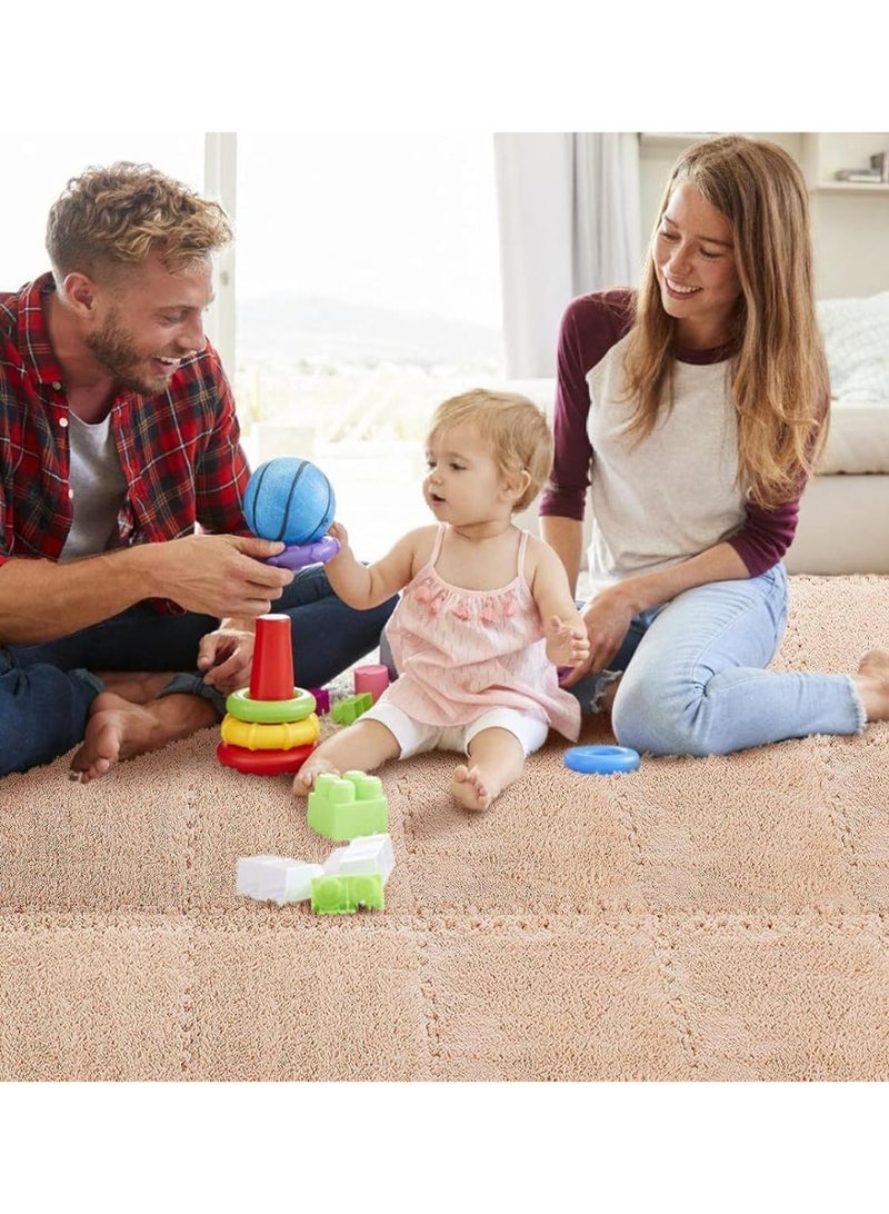 XVersion 12 Pcs Plush Puzzle Foam Floor Mat,Interlocking Foam Mat Floor Tiles,Comfort Foam Padding,Soft Plush,Non-Slip,Easy to Clean,30x30x1cm for Home Decor/Playroom/Bedroom/Gym (6 Pcs White+ 6 Pcs Light Brown) - Image 3