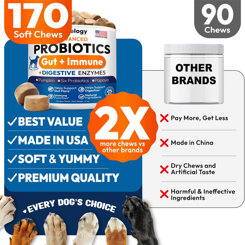 Petsology Probiotics for Dogs - 170 Dog Probiotics Chews - Digestive Enzymes & Prebiotics - Support Gut Health, Diarrhea, Gas & Constipation Relief - Itchy Skin, Allergies, Yeast Balance - Advanced Supplement - Image 5