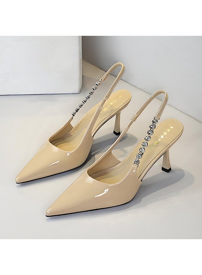 BIGTREE Women's  Closed Pointed Toe Pumps Slingback Stiletto High Heel Sandals With Rhinestone Ankle Strap Khaki 8CM - Image 1