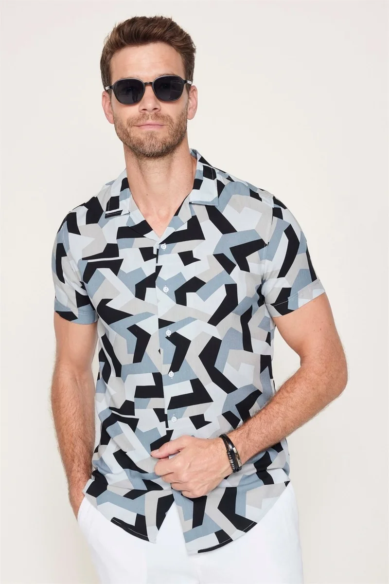 تودورس Slim Fit Narrow Cut Open Collar Viscose Short Sleeve Men's Sports Shirt
