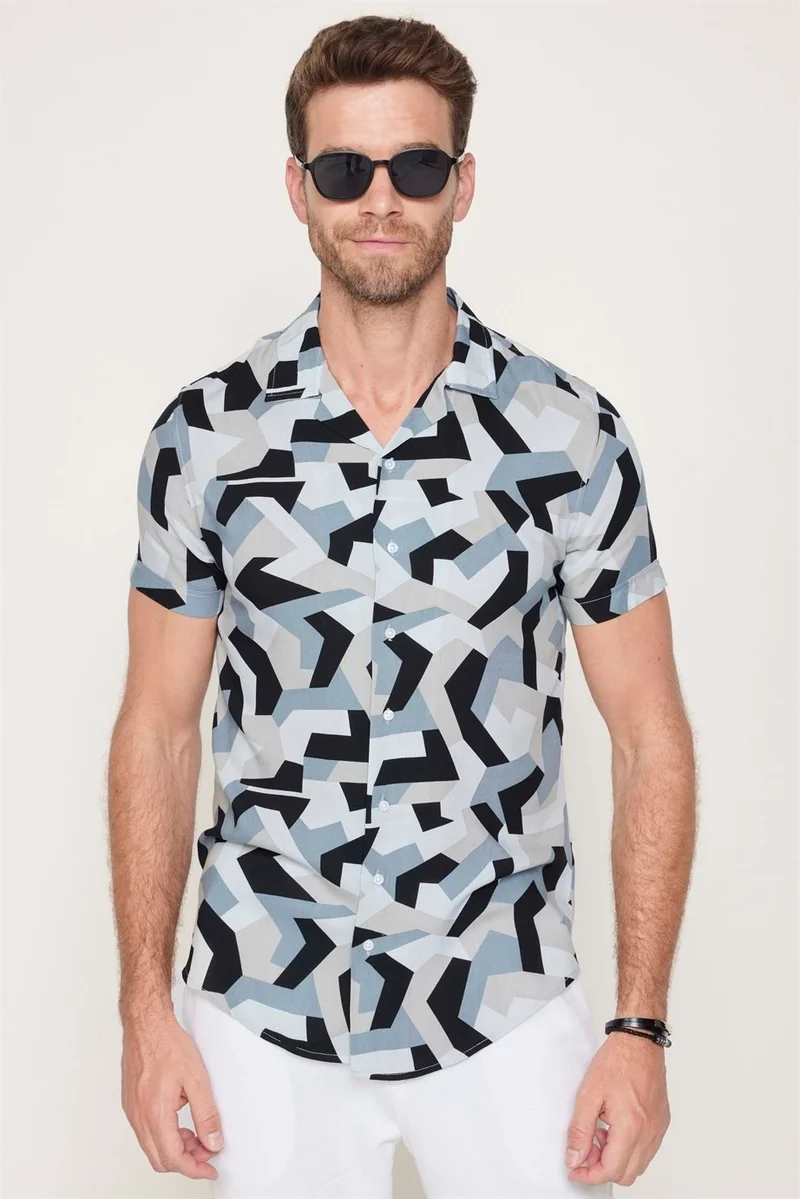 تودورس Slim Fit Narrow Cut Open Collar Viscose Short Sleeve Men's Sports Shirt