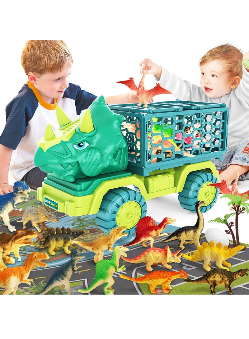 Moonmen Dinosaur Truck Toys for Kids, Triceratops Car Toy with 15 Dino Figures, Large Activity Play Mat, Dinosaur Eggs, Dinosaur Play Set for Boys and Girls - Image 1