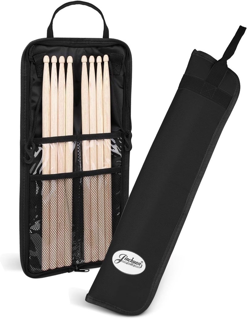 Flexzion Drum Stick Bag Percussion Music Drum Accessories Case with Hook, Card Holder, Adjustable Shoulder Strap Carrying Handle 4 Pairs Drum Sticks Holder Water-Resistant Bag Fabric, Vintage Black - Image 1