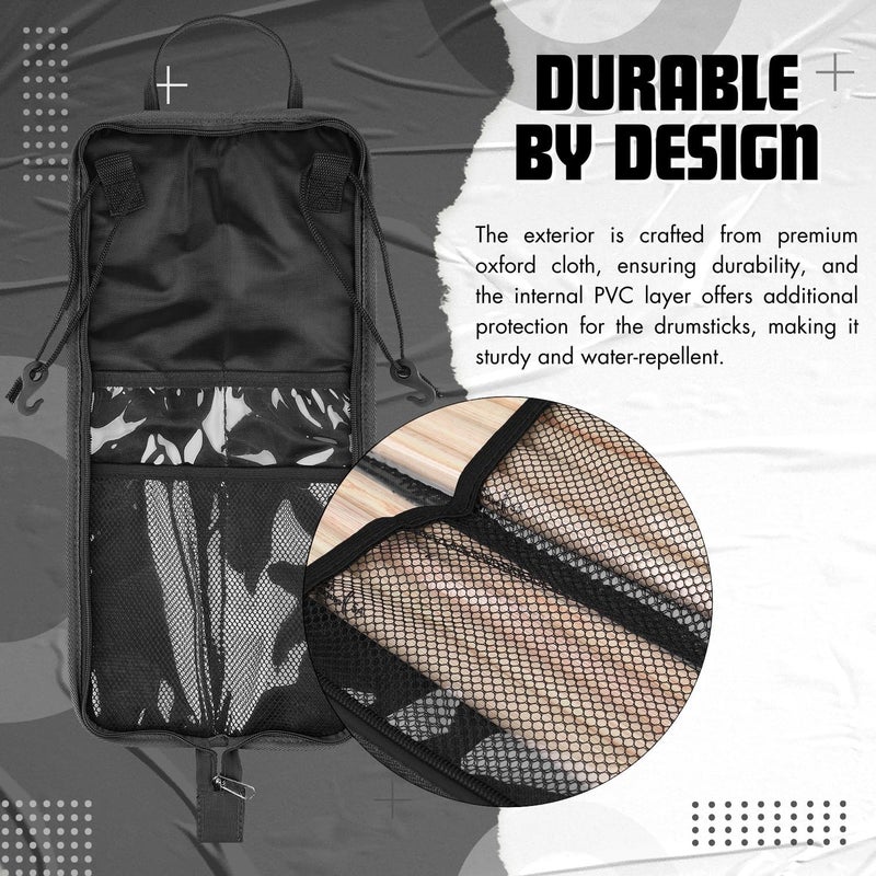 Flexzion Drum Stick Bag Percussion Music Drum Accessories Case with Hook, Card Holder, Adjustable Shoulder Strap Carrying Handle 4 Pairs Drum Sticks Holder Water-Resistant Bag Fabric, Vintage Black - Image 5