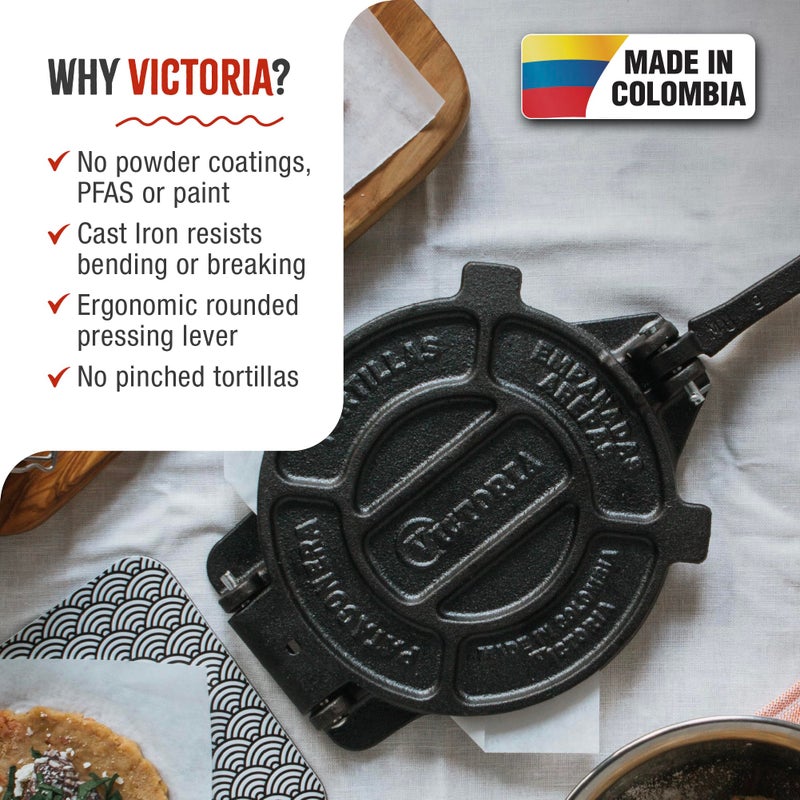 Victoria 8 Inches Cast Iron Tortilla Press, Roti Maker and Tortilladora, Pataconera Seasoned with Flaxseed Oil, Made in Colombia - Image 2