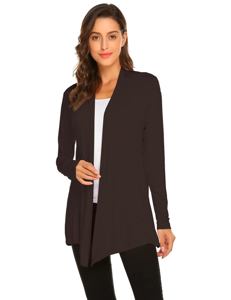 Newchoice Cardigans for Women Lightweight Classy Basic Long Sleeve Soft Drape Open Front Sweater Comfy Fall Duster (Brown, L) - Image 3