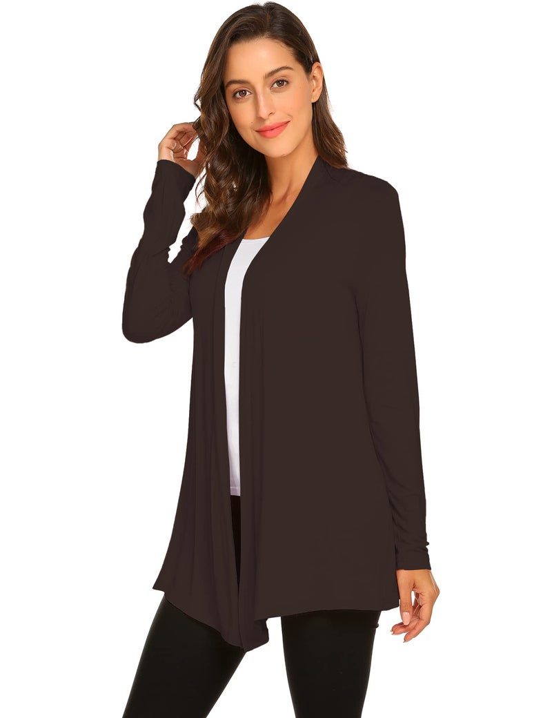 Newchoice Cardigans for Women Lightweight Classy Basic Long Sleeve Soft Drape Open Front Sweater Comfy Fall Duster (Brown, L) - Image 4