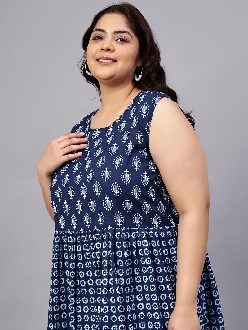 Indietoga Women's Plus Size Pure Cotton Tiered Maxi Dress (P10001519_Blue Printed_3XL) - Image 4