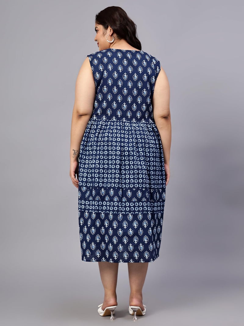 Indietoga Women's Plus Size Pure Cotton Tiered Maxi Dress (P10001519_Blue Printed_3XL) - Image 3