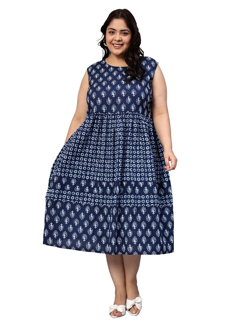 Indietoga Women's Plus Size Pure Cotton Tiered Maxi Dress (P10001519_Blue Printed_3XL) - Image 1