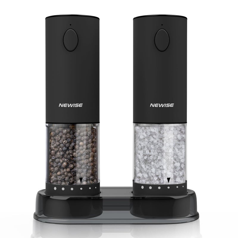 Newise Electric Salt and Pepper Grinder Set Gifts for Mom Wife Rechargeable with LED Lights Stainless Steel Automatic Pepper Salt Mill Adjustable Coarseness Large Capacity Black
