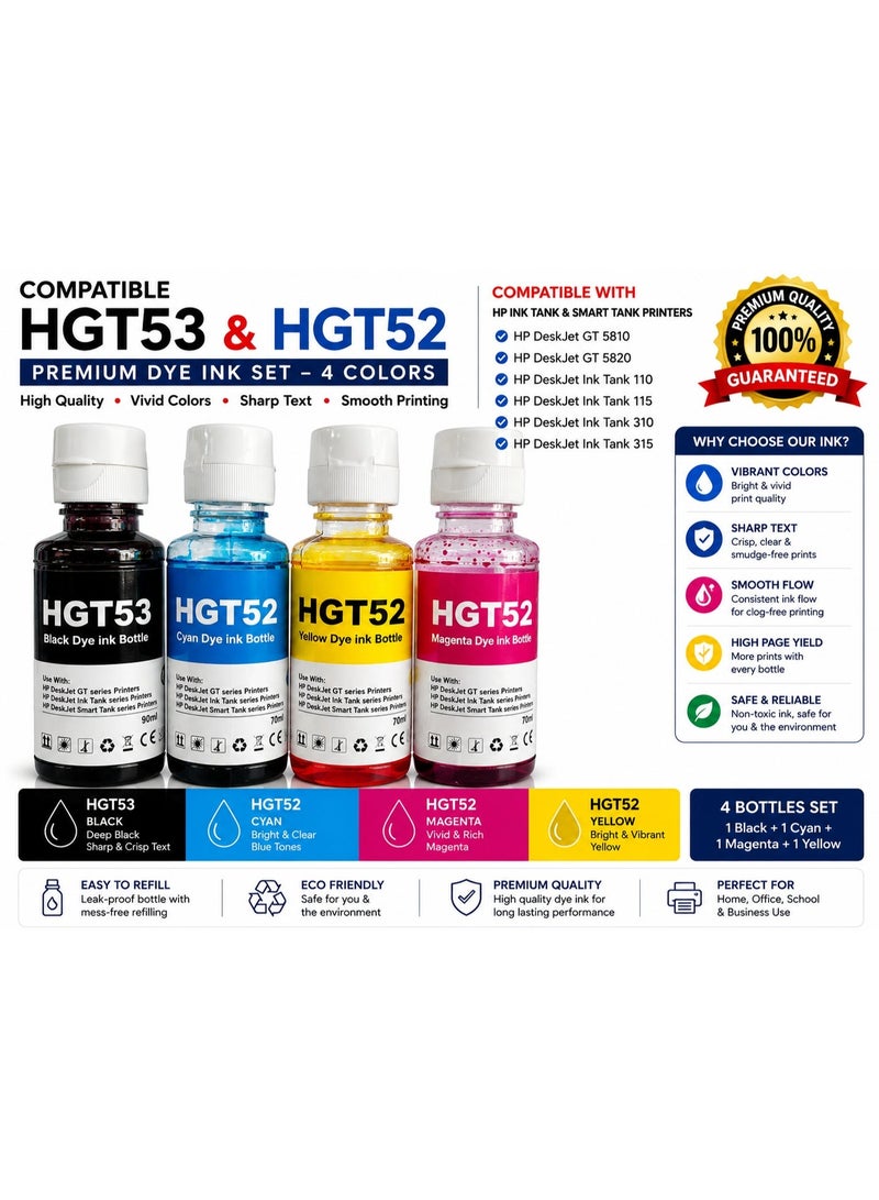 general HGT53 and HGT52 Refill Dye Ink Set 4 Colors Black Cyan Magenta Yellow Replacement for Smart Tank GT 5810 5820 110 115 310 315 Inkjet Printers for Home Office Daily Use - Image 1