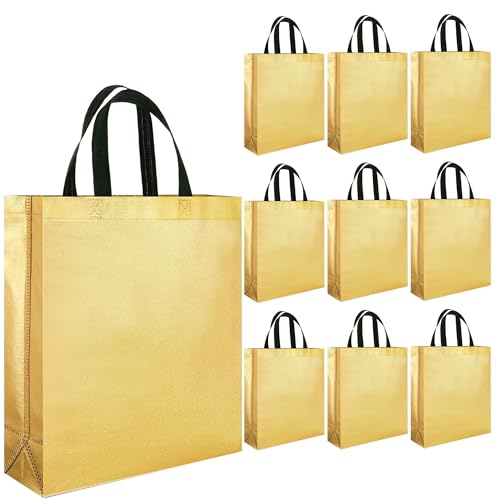 Evafly Gift Bag Medium Size Pack of 10 : L13 x W12 x D4 inch|Resuable Non-Woven Shiny Metallic Laminated|Haldi Return Gifts, Jute Bags for Return Gift,Return Gift For Birthday - Golden - Image 1