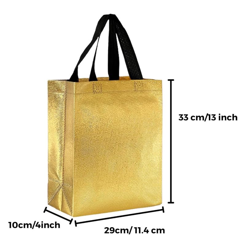 Evafly Gift Bag Medium Size Pack of 10 : L13 x W12 x D4 inch|Resuable Non-Woven Shiny Metallic Laminated|Haldi Return Gifts, Jute Bags for Return Gift,Return Gift For Birthday - Golden - Image 2