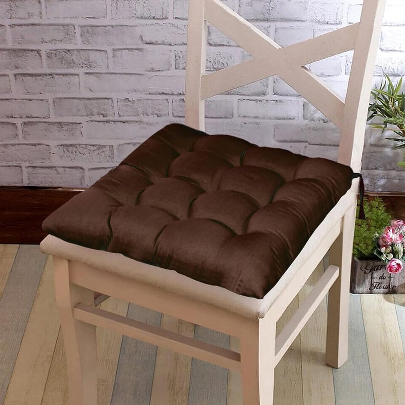Kuber Industries Pack of 2 Chair Pad | Microfiber Square Chair Pad with Ties | Soft & Comfortable Sitting | Chair Cushion Pad | Chair Seat Cushion for Office-Home | Brown - Image 4