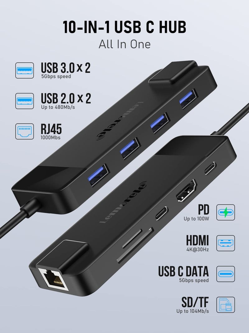 Lemorele USB C Hub 10-in-1, USB C Hub Multiport Adapter for MacBook Pro, Gigabit Ethernet with 4K HDMI, 100W PD, 4 USB 3.0/2.0, SD/TF, USB-C Data 3.0, Compatible for Windows/Mac/iPad - Image 2