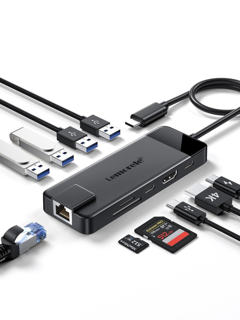 Lemorele USB C Hub 10-in-1, USB C Hub Multiport Adapter for MacBook Pro, Gigabit Ethernet with 4K HDMI, 100W PD, 4 USB 3.0/2.0, SD/TF, USB-C Data 3.0, Compatible for Windows/Mac/iPad - Image 1