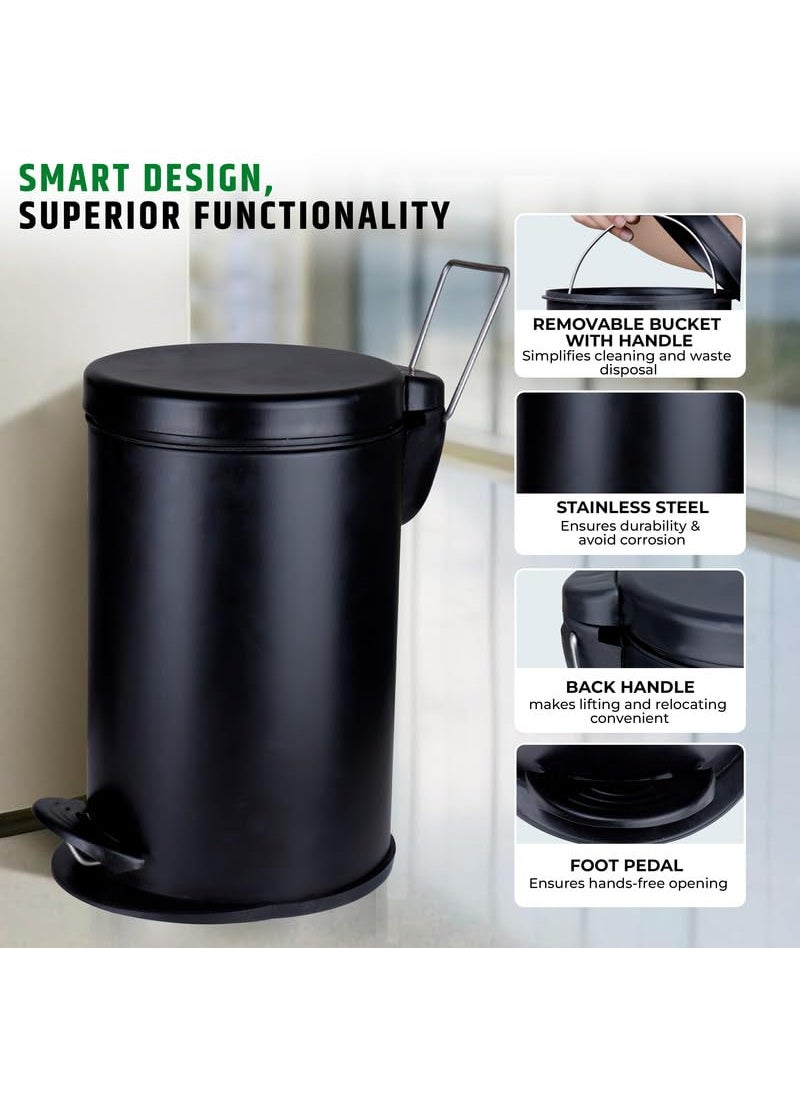 ROBUSTT Robustt Dustbin with Pedal 22L Black Stainless Steel trash can 12 Inch W x 20 Inch H Small Trash Can for Bathroom Bedroom Toilet and Kitchen Durable CorrosionResistant Pack of 2  - Image 2