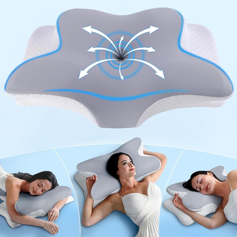 PRIME PICK Butterfly Shape Cervical Pillow for Shoulder and Neck Pain Relief Memory Foam Neck Pillow Ergonomic Orthopedic Neck Support Pillow for Side Back Stomach Sleeping Grey - Image 1