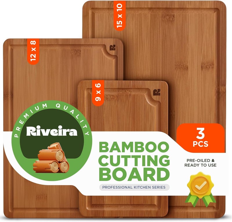 Riveira Brown Bamboo Wood Cutting Board – Versatile And Durable: Set Of 3 Pcs Rectangular Wooden Cutting Board – Natural Wooden Cutting Boards For Kitchen Set – Complete Bamboo Wooden Chopping Board - Image 1