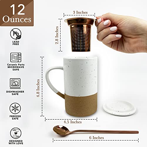 Mora 12oz Ceramic Tea Cup with Infuser, Spoon, Lid - Microwave & Dishwasher Safe - Image 2