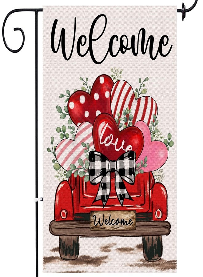 JNDJE Valentine's Day Garden Flag, Valentines Flag 12x18 Double Sided Decorations, Red Truck Small Flag for Outdoor - Image 1