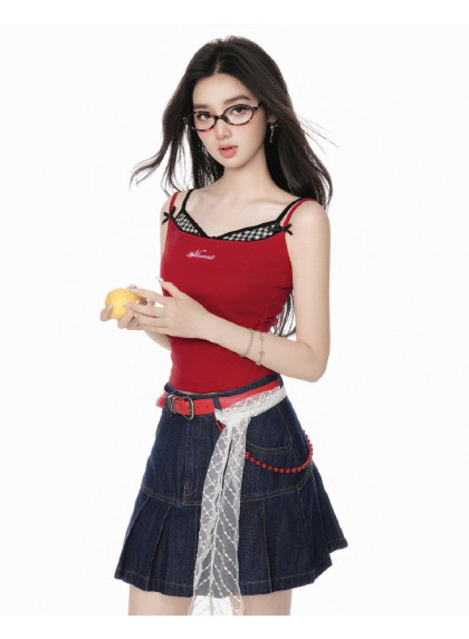 EPTISON Women's Sleeveless Top 2025 Summer New Sweet & Spicy Style Faux Two-piece Plaid Patchwork Design Slim-fit Camisole - Image 1