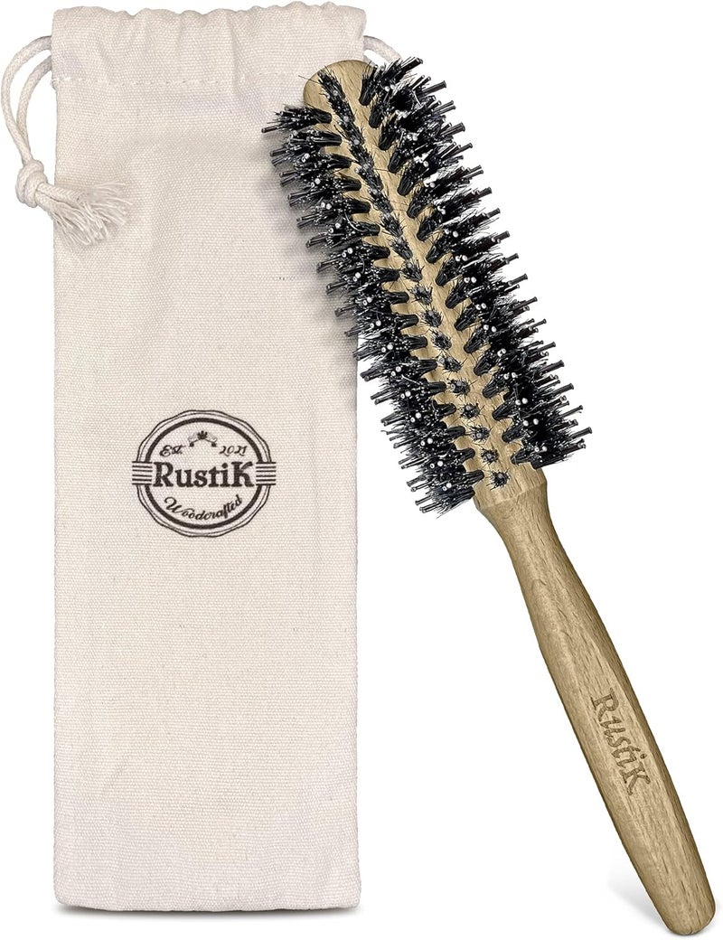 Wooden Round Barrel Hair Brush and Travel Pouch by RustiK Boar Bristles with Nylon Pin Curling Thin Quiff Roller Blow DryOut Drying Adding VolumeShine Woodcrafted For Men and Women