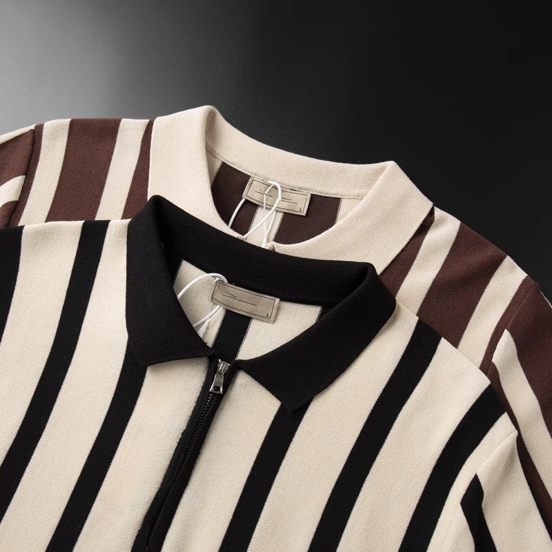 Trendy Summer Short-Sleeved All-Match Men'S Korean Style Retro Striped Distinctive Zipper Half-Sleeved Knitwear Casual Trendy T-Shirt Men'S Trendy - Image 4