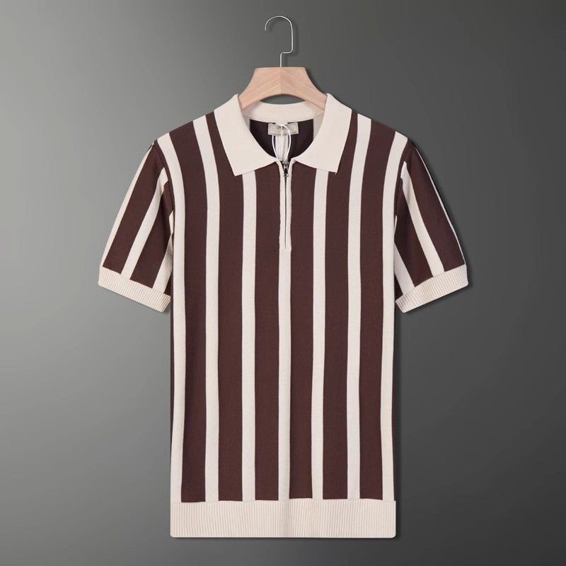 Trendy Summer Short-Sleeved All-Match Men'S Korean Style Retro Striped Distinctive Zipper Half-Sleeved Knitwear Casual Trendy T-Shirt Men'S Trendy - Image 5
