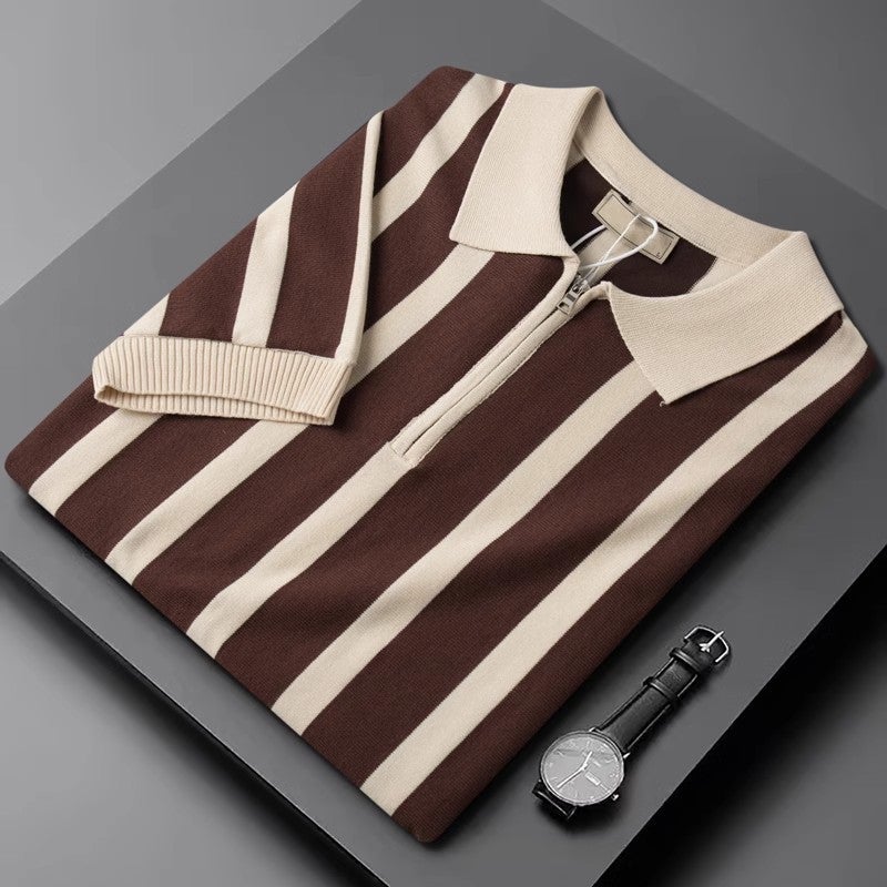 Trendy Summer Short-Sleeved All-Match Men'S Korean Style Retro Striped Distinctive Zipper Half-Sleeved Knitwear Casual Trendy T-Shirt Men'S Trendy - Image 2