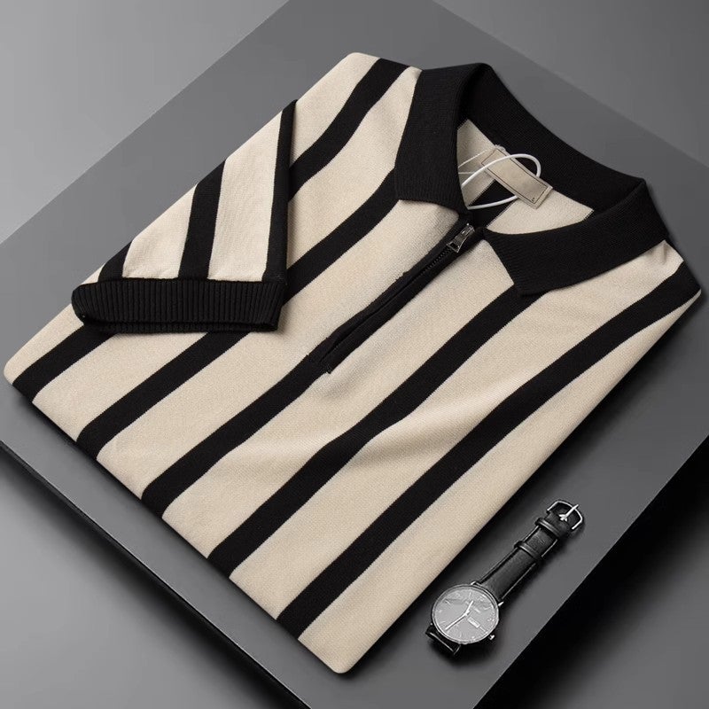 Trendy Summer Short-Sleeved All-Match Men'S Korean Style Retro Striped Distinctive Zipper Half-Sleeved Knitwear Casual Trendy T-Shirt Men'S Trendy - Image 3