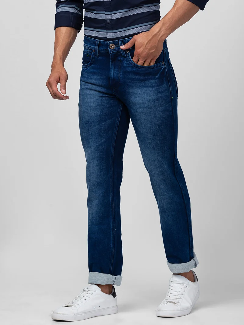 جلو باص جينز رجالي جلوبس داكن أزرق مطاطي بخصر متوسط وقصة مدببة