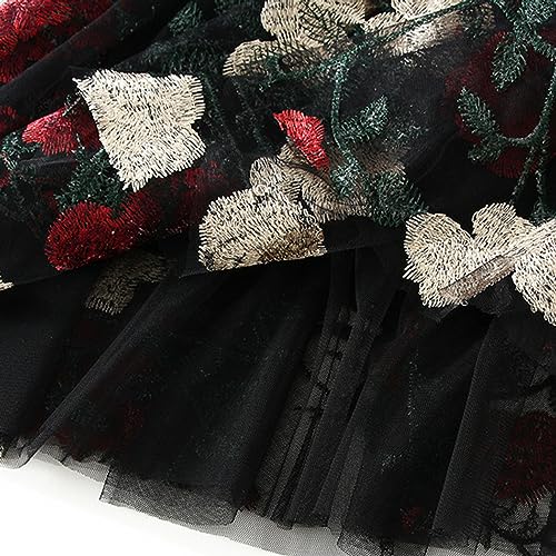 Dirholl Women's A-Line Fairy Patterned Elastic Waist Ruffle Tulle Layered Midi Skirt Embroidery Flower - Image 4