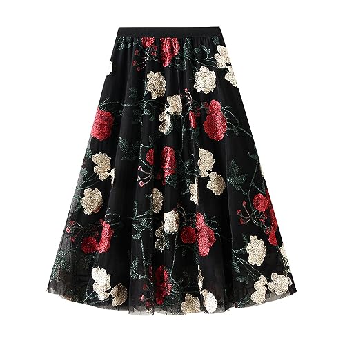 Dirholl Women's A-Line Fairy Patterned Elastic Waist Ruffle Tulle Layered Midi Skirt Embroidery Flower - Image 1