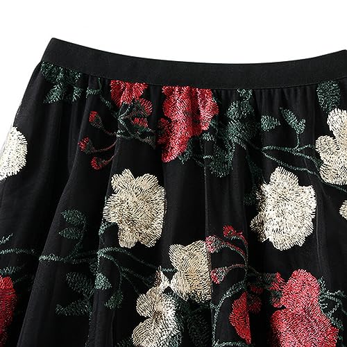 Dirholl Women's A-Line Fairy Patterned Elastic Waist Ruffle Tulle Layered Midi Skirt Embroidery Flower - Image 2