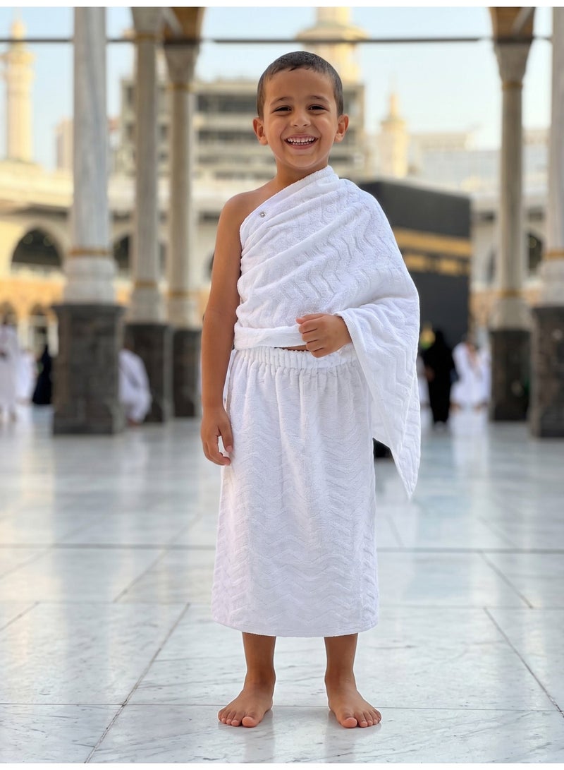 Al Barakah Boys' Umrah Ihram (6-11 years old) - Elasticated skirt with nano-technology. Comfortable and easy to wear. Ihram for boys. Boys' Ihram, elastic, Ihrams for boys, Umrah Ihrams, Hajj, Tawaf Makkah, Ihram clothing, Hajj and Umrah Ihram, nano-fabric overalls, towel for Hajj and Umrah, Ihram for children, children's Ihram - Image 1