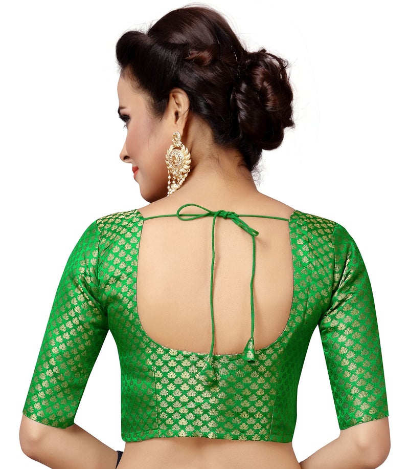 Studio Shringaar Women's Readymade Brocade Saree Blouse with Elbow Length Sleeves (2157-Green, 34) - Image 4