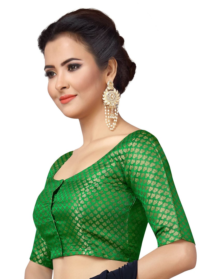 Studio Shringaar Women's Readymade Brocade Saree Blouse with Elbow Length Sleeves (2157-Green, 34) - Image 2