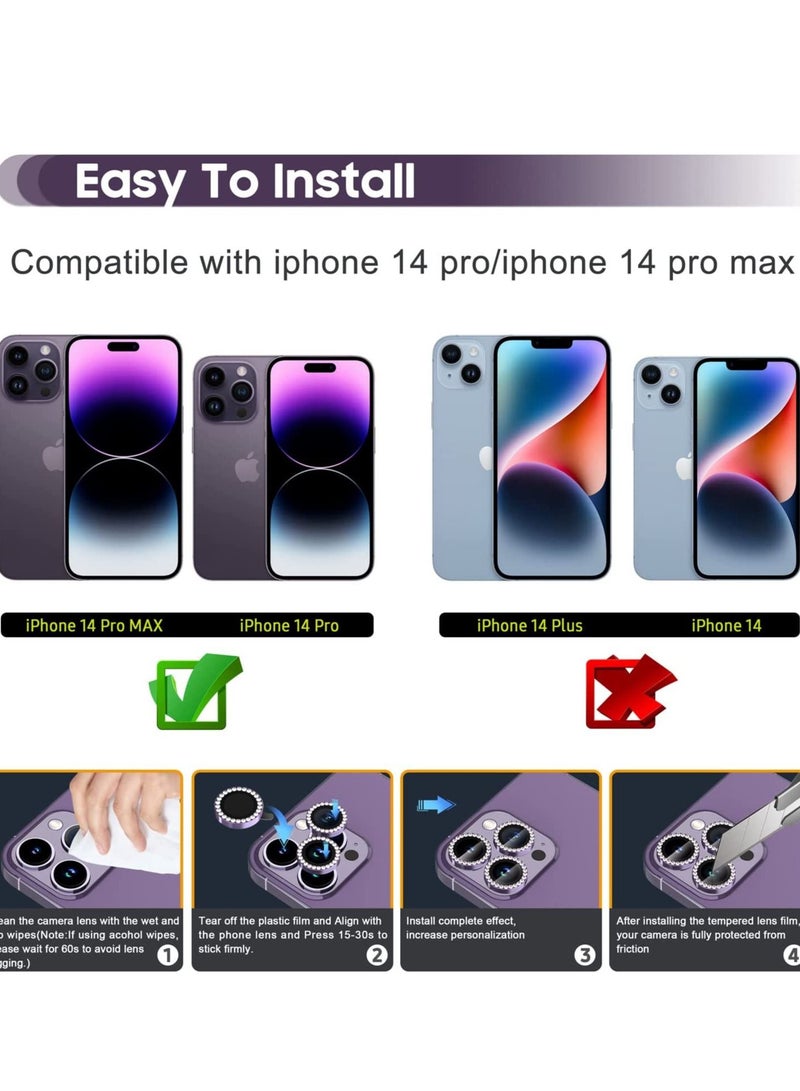 iPhone 14 Pro 6.1 inch /14 Pro Max 6.7 inch Camera Lens Protector, Set with Diamonds Bling Camera Cover Tempered Glass for iPhone 14 Pro Max /14 Pro [Perfectly Fit] - Diamond Purple - Image 2