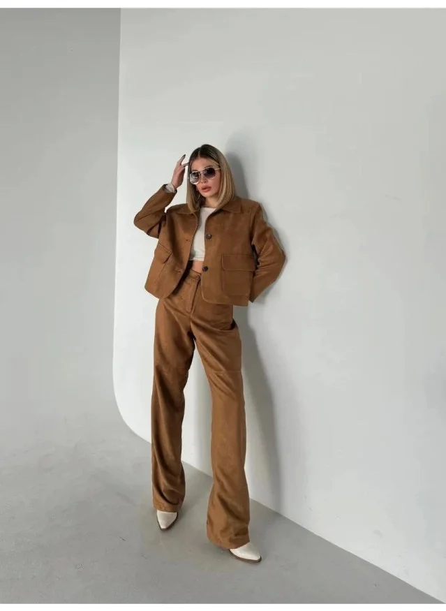 هوم Suede Jacket Palazzo Trousers Two Piece Suit - Brown