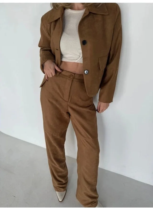 هوم Suede Jacket Palazzo Trousers Two Piece Suit - Brown