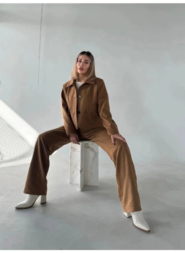 هوم Suede Jacket Palazzo Trousers Two Piece Suit - Brown