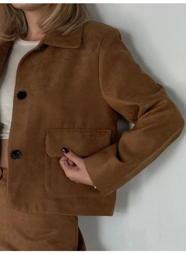 هوم Suede Jacket Palazzo Trousers Two Piece Suit - Brown