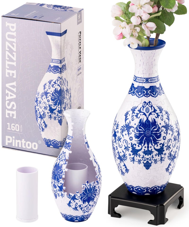 Pintoo 3D Puzzle for Adults 160 Piece Flower Vase - Indigo Age - Free Detachable Water Cup Included Plastic Curved Puzzle Pieces No Glue Required [S1032], Classic - Image 1